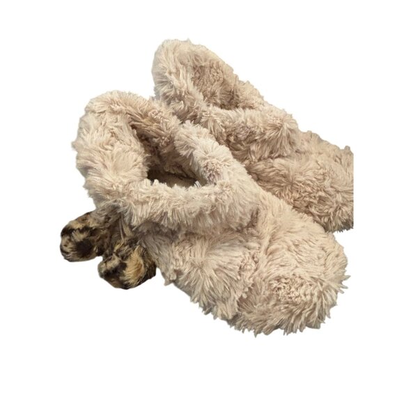 Altar'd State Fuzzy Beige Faux Fur Ankle Slippers Medium/Large Leopard Pompoms - Picture 2 of 6